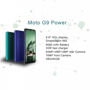 Image of the Moto G9 Power smartphone in blue and green colors with specifications.