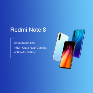 Redmi Note 8 smartphone in three different colors with key specifications.