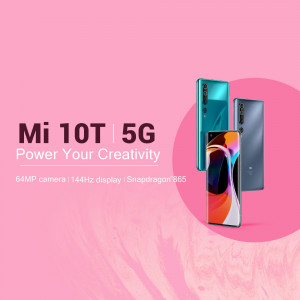 Xiaomi Mi 10T 5G phone in multiple colors with product features listed