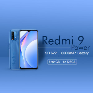 Redmi 9 Power smartphone with blue gradient back and display showing the user interface.