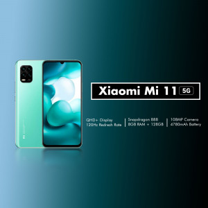 Xiaomi Mi 11 5G smartphone with a teal green back and a black screen displaying a swirling pattern.