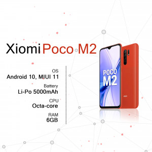 Red Xiaomi Poco M2 smartphone with specifications displayed