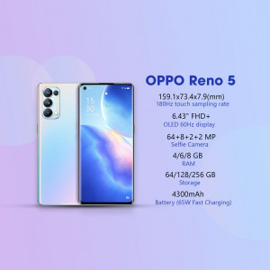 OPPO Reno 5 smartphone with specifications displayed