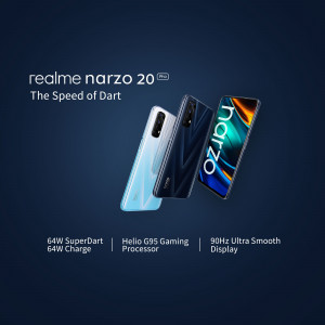 Realme Narzo 20 Pro smartphone in blue and black colors with key features highlighted