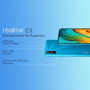 Realme C3 Entertainment Ka Superstar smartphone with blue gradient back and specifications