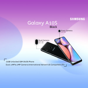 Samsung Galaxy A10s Black smartphone with feature highlights