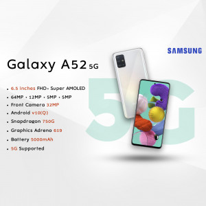 Samsung Galaxy A52 5G phone with specifications listed