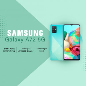 Samsung Galaxy A72 5G phone with key features highlighted