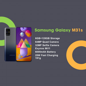 Image of Samsung Galaxy M31s smartphone with specifications.