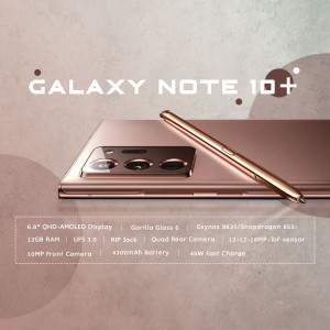 Close-up of a rose gold Samsung Galaxy Note 10+ smartphone with S Pen