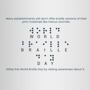 Image displaying the word 'WORLD BRAILLE DAY' in Braille dots with text about accessibility.