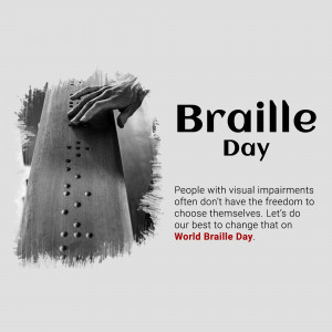 Hands touching Braille with the text 'Braille Day' and a message about visual impairments.