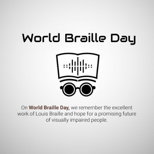 World Braille Day graphic with Braille symbol and glasses