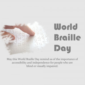 Hand touching Braille paper with the text 'World Braille Day'