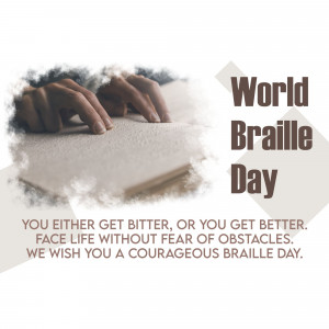 Hands reading Braille with World Braille Day text overlay