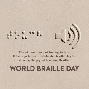 Image commemorating World Braille Day with Braille dots, a speaker icon, and text.