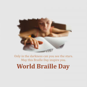 A person reading a braille book with a motivational quote for World Braille Day.