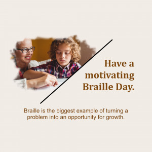 A woman assisting a child with Braille, with text celebrating Braille Day.