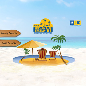 LIC Jeevan Akshay VI advertisement featuring a beach scene and benefits information.