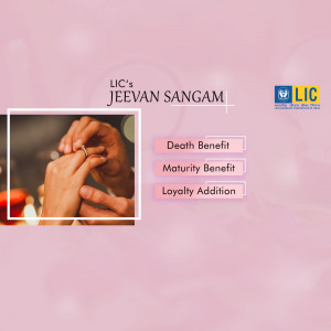 LIC Jeevan Sangam insurance plan advertisement featuring a couple exchanging rings.