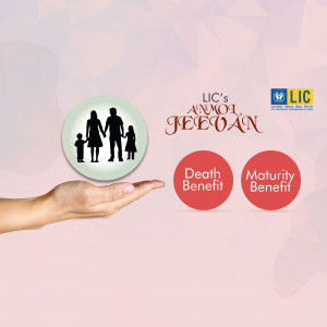 Image depicting a hand holding a button with a family silhouette, promoting LIC's Anmol Jeevan insurance plan.