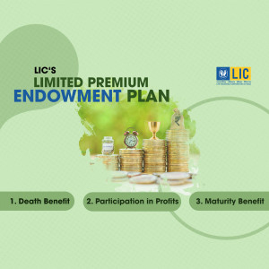 Advertisement for LIC's Limited Premium Endowment Plan featuring coins, a clock, and a trophy.