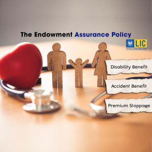 Image depicting the LIC Endowment Assurance Policy with family protection symbols.