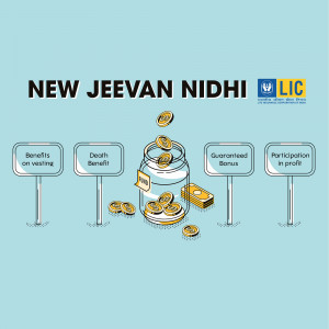 Illustration of a glass jar filling with coins, representing the LIC New Jeevan Nidhi plan with benefits listed.