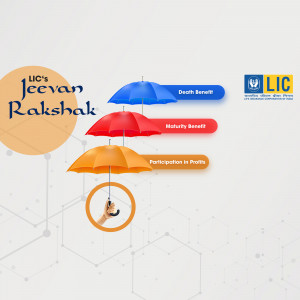 Image depicting LIC Jeevan Rakshak insurance plan benefits with umbrellas representing death benefit, maturity benefit, and participation in profits.