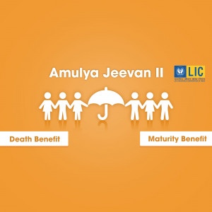 Amulya Jeevan II Life Insurance advertisement with family and umbrella