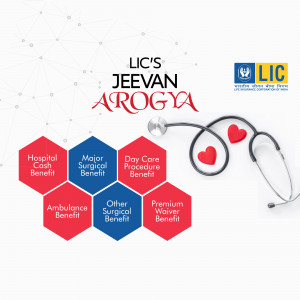 LIC Jeevan Arogya health insurance plan advertisement with stethoscope and heart icons.