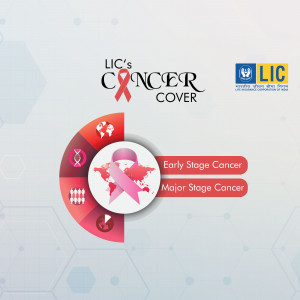 LIC Cancer Cover insurance plan advertisement with a pink ribbon and cancer awareness symbols.