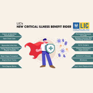Illustration of a superhero protecting against critical illnesses with LIC logo