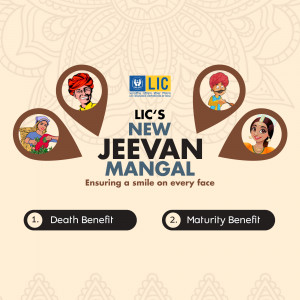 LIC New Jeevan Mangal plan advertisement featuring diverse Indian characters and benefit highlights.