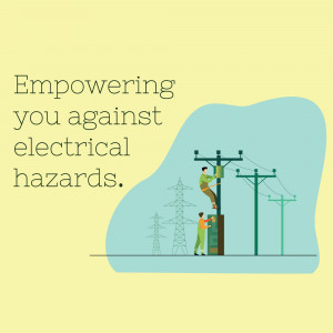 Illustration of workers maintaining electrical infrastructure with text 'Empowering you against electrical hazards'.