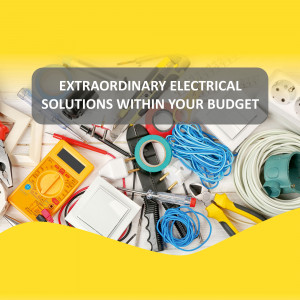 Electrical tools and equipment on a yellow background with text promoting affordable electrical services.
