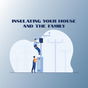 Illustration of workers insulating a house with electrical towers in the background.