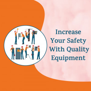 Illustration of workers using safety equipment with text promoting safety