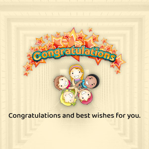 A colorful congratulations card featuring children and stars.