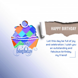 A colorful cupcake illustration with a torn paper effect and 'Happy Birthday' text.