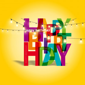 Happy Birthday text with string lights and colorful layered letters