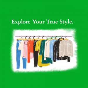 Illustration of clothes hanging on a rack with the text 'Explore Your True Style'.