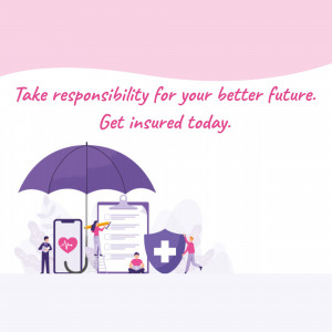 Illustration of an umbrella protecting a phone, clipboard, and people with health symbols.
