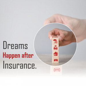 Hand holding wooden blocks with icons representing life goals like family, home, and car, symbolizing insurance protection.