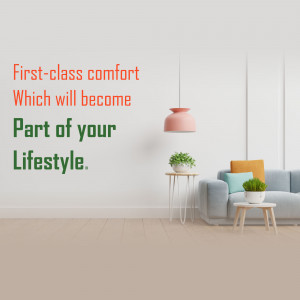 Modern living room with text overlay promoting comfort and lifestyle