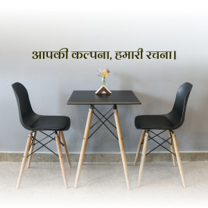 A minimalist dining setup with two black chairs and a small dark table with a flower arrangement.
