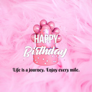 Pink birthday cake with balloons and 'Happy Birthday' text