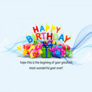 Colorful 'Happy Birthday' text with presents and lit candles
