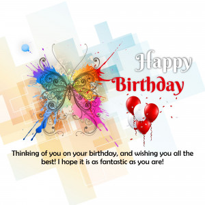 A colorful butterfly illustration with birthday balloons and text.