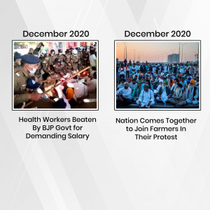 Collage of images depicting the Indian Farmers Protest in December 2020, showing health workers being beaten and a large gathering of protestors.